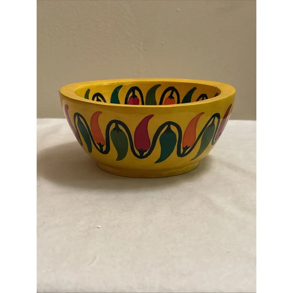Pedro Marcos Signed Mexican Folk Art Hand Painted Wood Chili Pepper Bowl Yellow